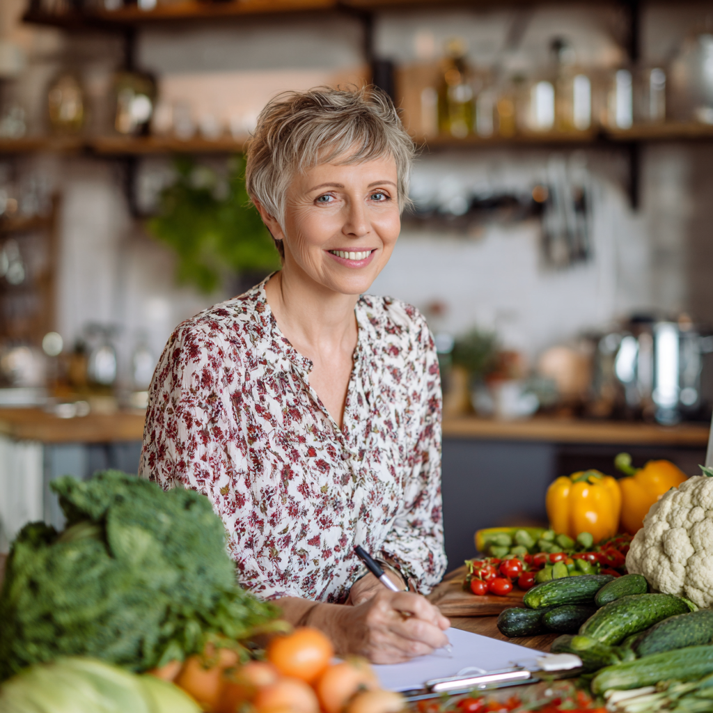 Mosolygós középkorú magyar férfi egészséges ételekkel körülvéve